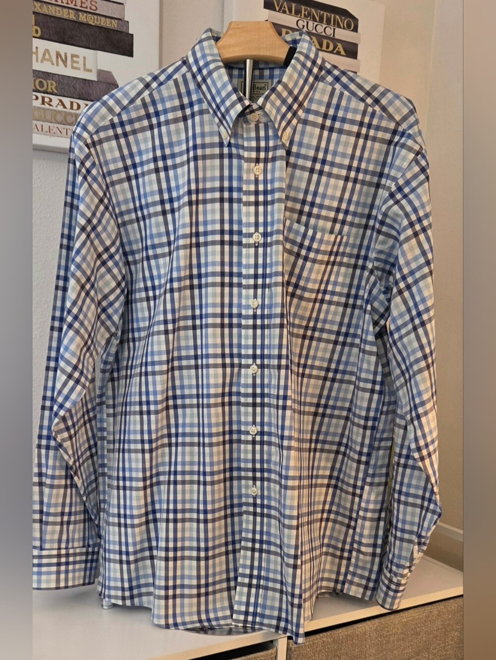 L.L. Bean Men’s Wrinkle-Free Plaid Button-Down Shirt Blue Size Large Regular